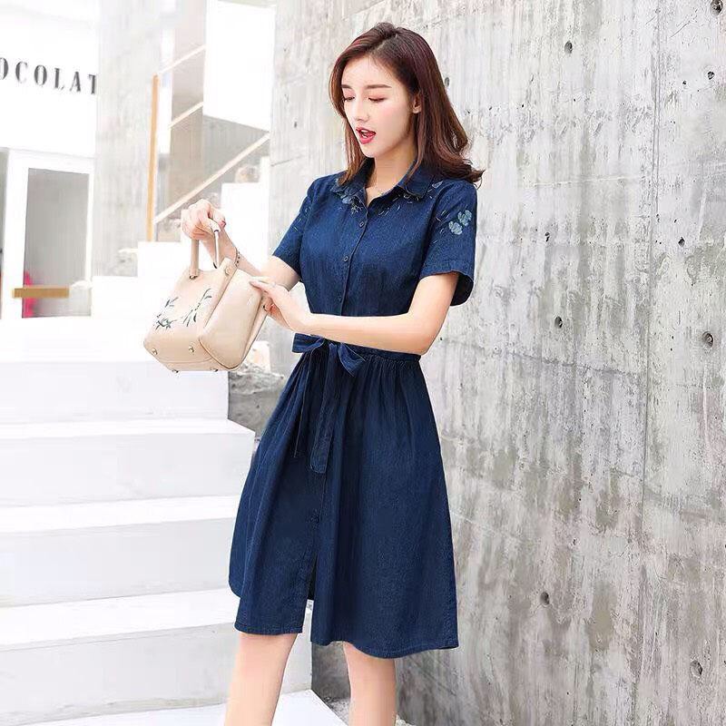 ĐẦM JEAN CỔ SƠ MI THẮT EO THÊU HOA 